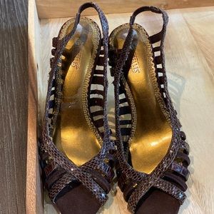 Seychelles Brown Snake-Print Wedge Sandals with Gold Insole